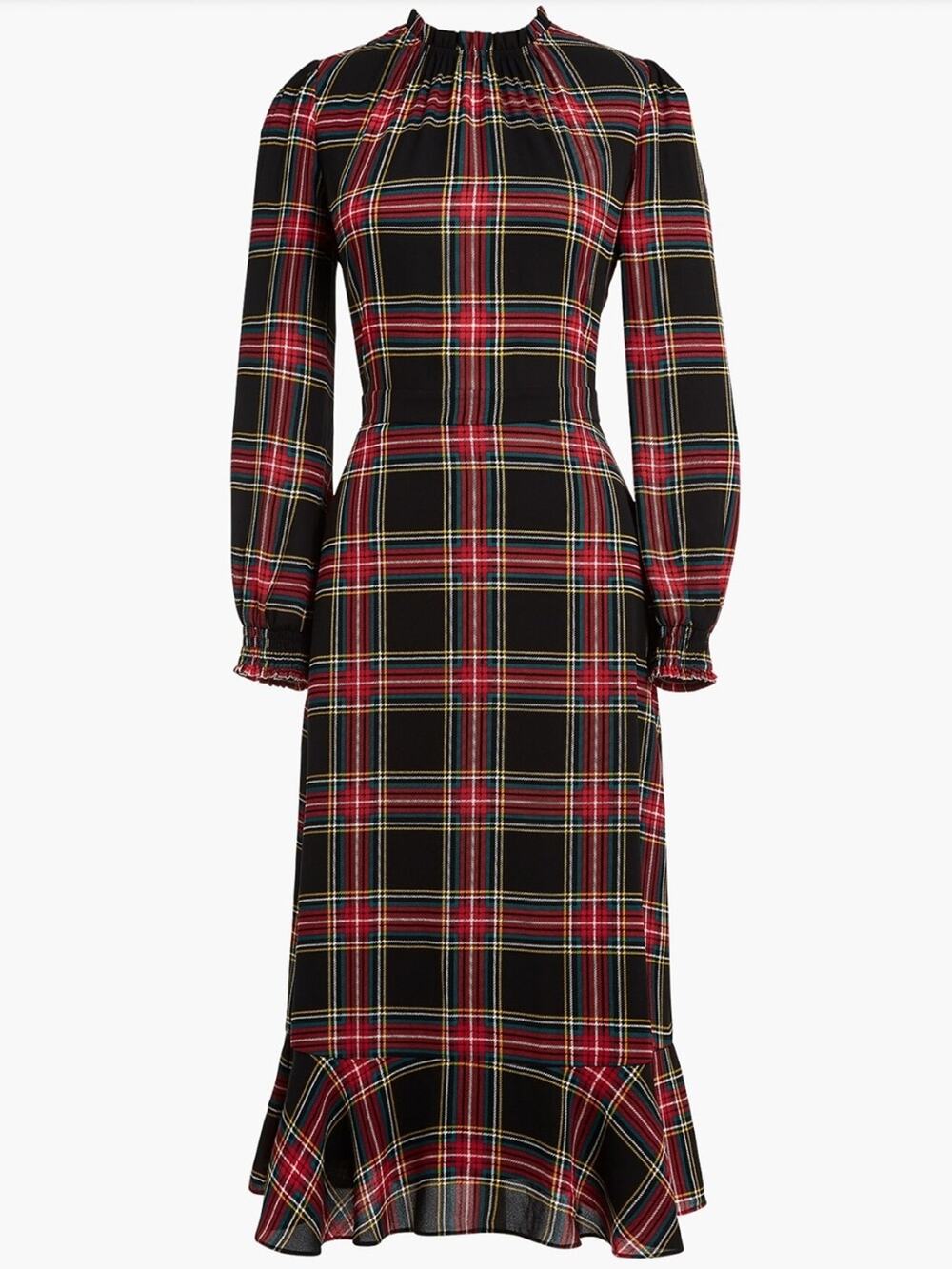 J. Crew Factory NWT Ruffle Neck Peasant Dress Tartan Plaid Black Chiffon 2